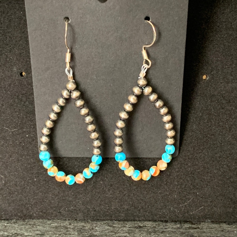 925 Sterling Silver 4mm Desert Pearl Spiny Oyster Mohave Turquoise Hoop Earrings
